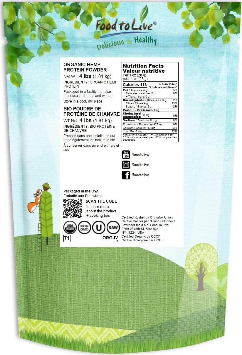 Organic Hemp Protein Powder, 4 Pounds 50% Protein, Non-GMO, Non-Irradiated, Pure, Kosher, Vegan Superfood, Rich in Iron and Fiber, Product of Canada