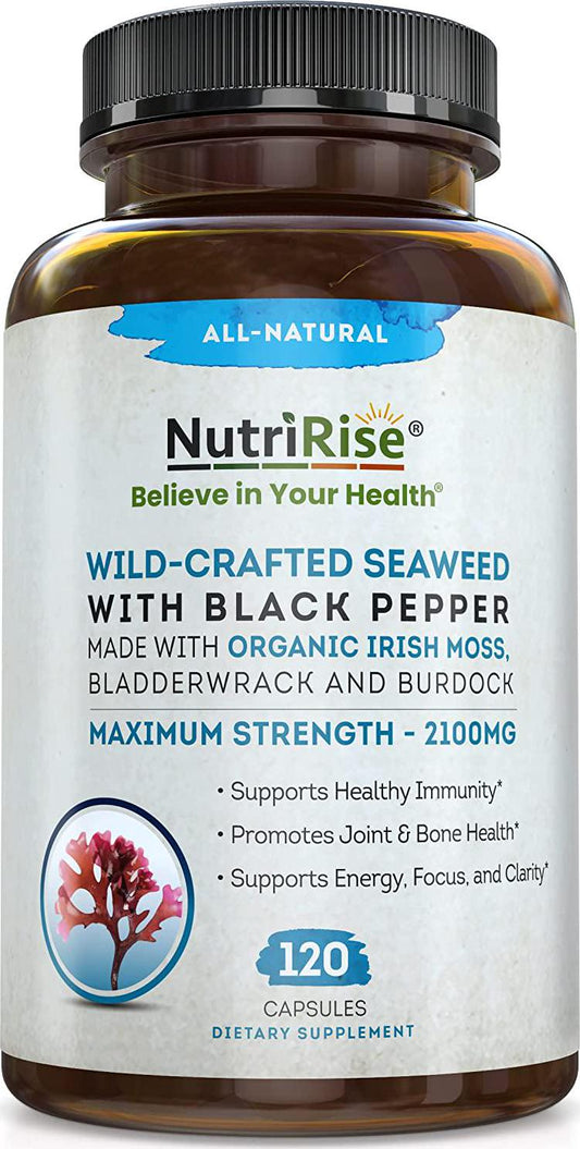 Organic Irish Sea Moss 2100mg With Bladderwrack and Burdock 120 Capsules For Immune System, Hair Skin and Nails, Thyroid, Colon Cleanse Keto Detox, Digestive and Joint Support, Prebiotics, Vitamins and Iodine