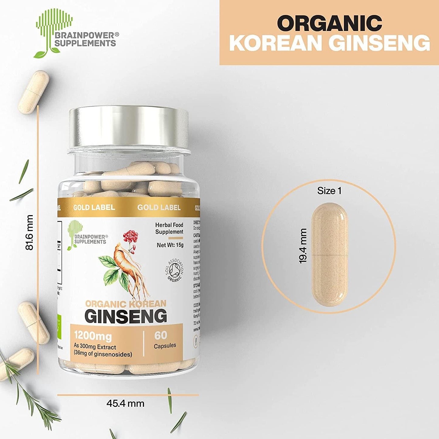 Organic Korean (Panax) Ginseng 300mg Root Extract | 1200mg Whole Herb Equivalent (4:1 Extract) | 12% Ginsenosides | 60 Capsules | 30 Servings | No Inorganic Fillers | GF + Vegan