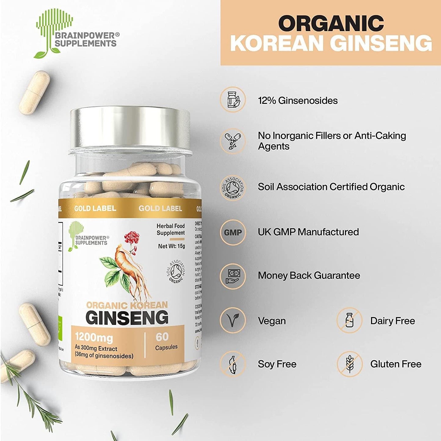 Organic Korean (Panax) Ginseng 300mg Root Extract | 1200mg Whole Herb Equivalent (4:1 Extract) | 12% Ginsenosides | 60 Capsules | 30 Servings | No Inorganic Fillers | GF + Vegan