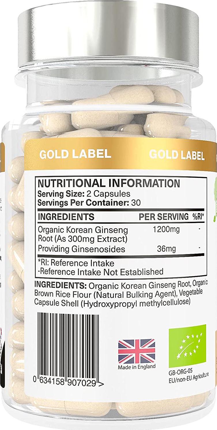 Organic Korean (Panax) Ginseng 300mg Root Extract | 1200mg Whole Herb Equivalent (4:1 Extract) | 12% Ginsenosides | 60 Capsules | 30 Servings | No Inorganic Fillers | GF + Vegan