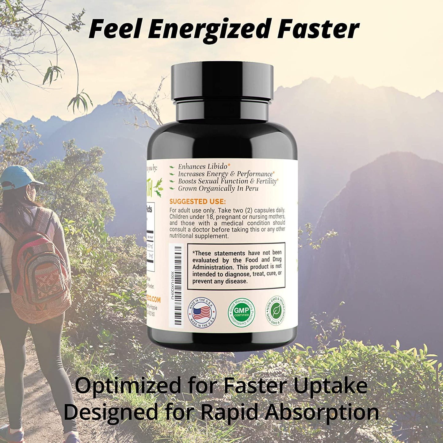 Organic Maca Root Powder Capsules – 1200mg – Powerful Natural Energy from Peru – Improve Passion Performance for Men and Women – Gelatinized for Fast Absorption – 120 Maca Pills – Vegan