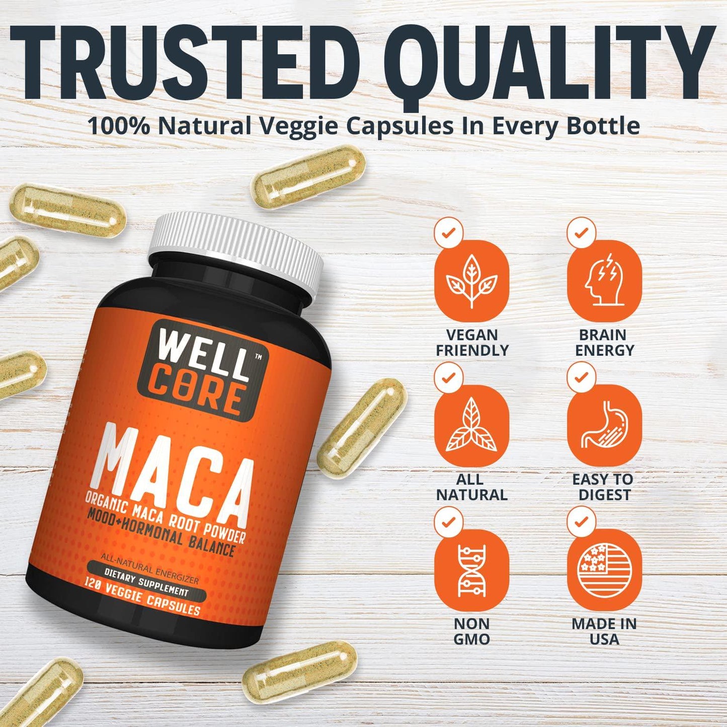 Organic Maca Root Powder 1900mg High Potency Natural Energy Enhancer and Mood Booster for Men and Women, Supports Reproductive Health, 100% Pure Non-GMO, 120 Veggie Capsules