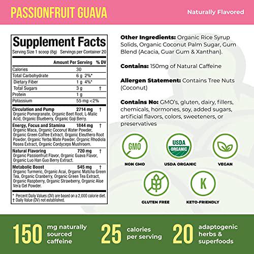 Organic Muscle Natural Superfood Pre-Workout Powder for Men and Women - Certified USDA Organic, Keto, Vegan and Non-GMO - for Energy, Focus, Performance and Endurance - Organic Passionfruit Flavor - 160g
