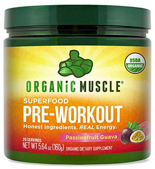 Organic Muscle Natural Superfood Pre-Workout Powder for Men and Women - Certified USDA Organic, Keto, Vegan and Non-GMO - for Energy, Focus, Performance and Endurance - Organic Passionfruit Flavor - 160g