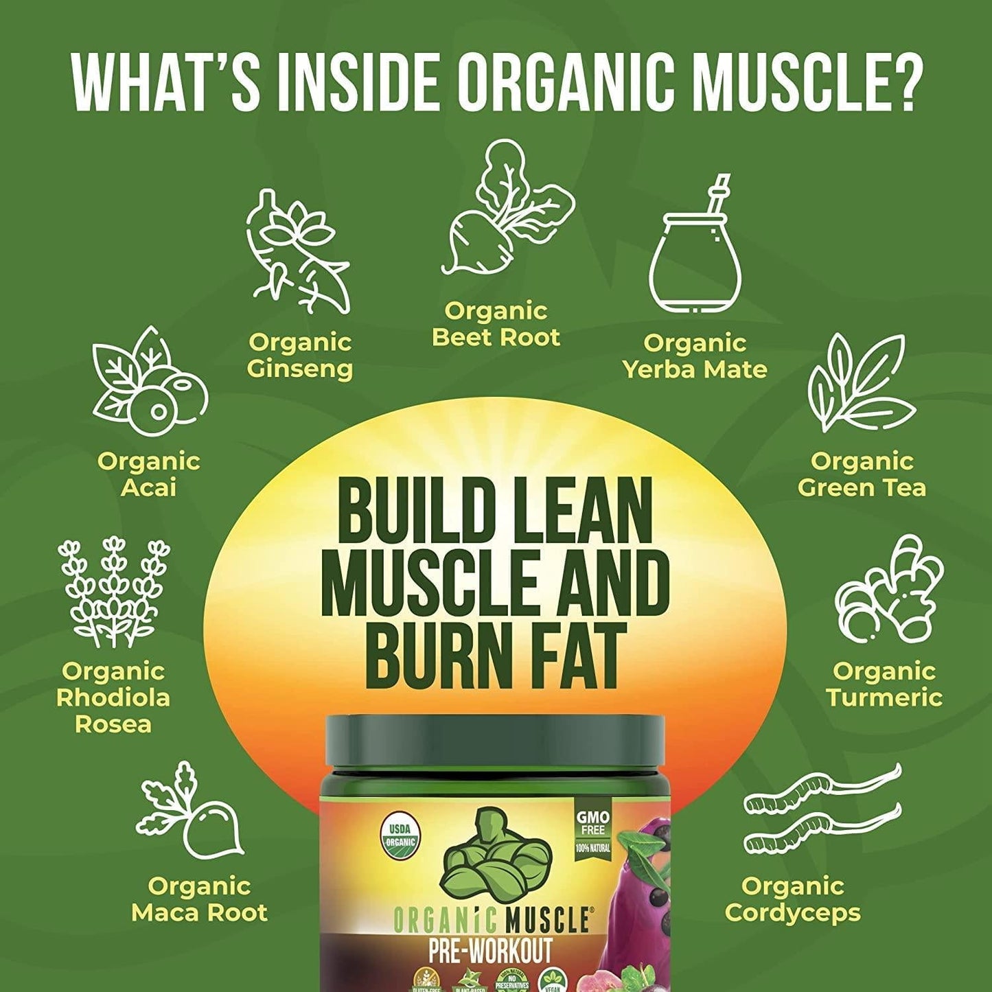 Organic Muscle Superfood Pre-Workout Powder for Men and Women - Certified USDA Organic, Natural, Vegan, Keto and Non-GMO - for Energy, Focus, Performance and Endurance - Organic Passionfruit Flavor - 160g