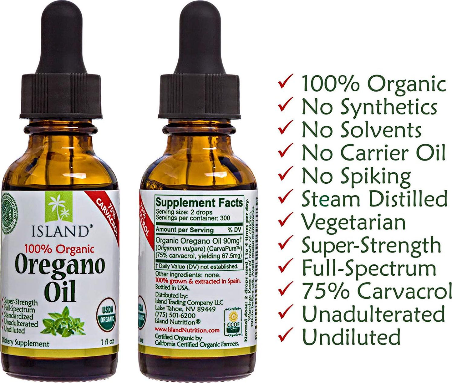 Organic Oregano Oil, 75% Carvacrol, undiluted, Grown in Spain by Island Nutrition