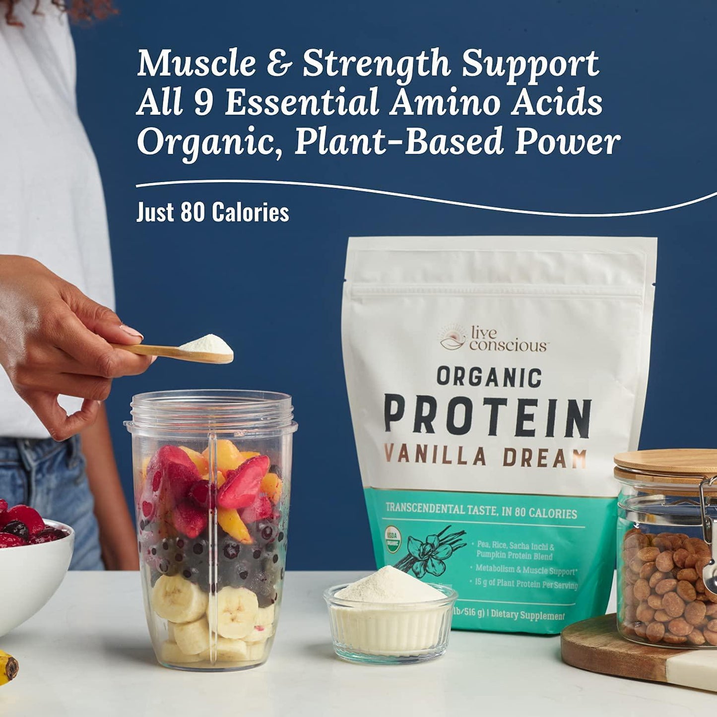 Organic Pea Protein Powder - Vanilla Dream Flavor | Low-carb Plant-Based Vegan Protein Blend - Pea, Brown Rice, Pumpkin, Sacha Inchi | 20 Servings 18.2 oz - by Live Conscious