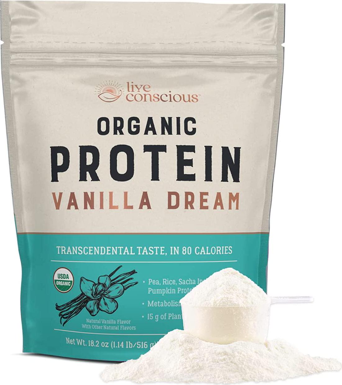 Organic Pea Protein Powder - Vanilla Dream Flavor | Low-carb Plant-Based Vegan Protein Blend - Pea, Brown Rice, Pumpkin, Sacha Inchi | 20 Servings 18.2 oz - by Live Conscious