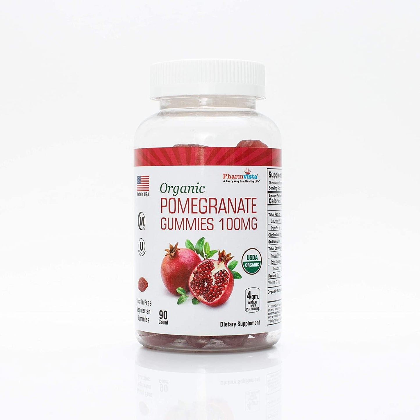 Organic Pomegranate Gummies 100mg - Gluten Free Pomegranate Supplement, Rich in Dietary Fiber - 90 Gummies