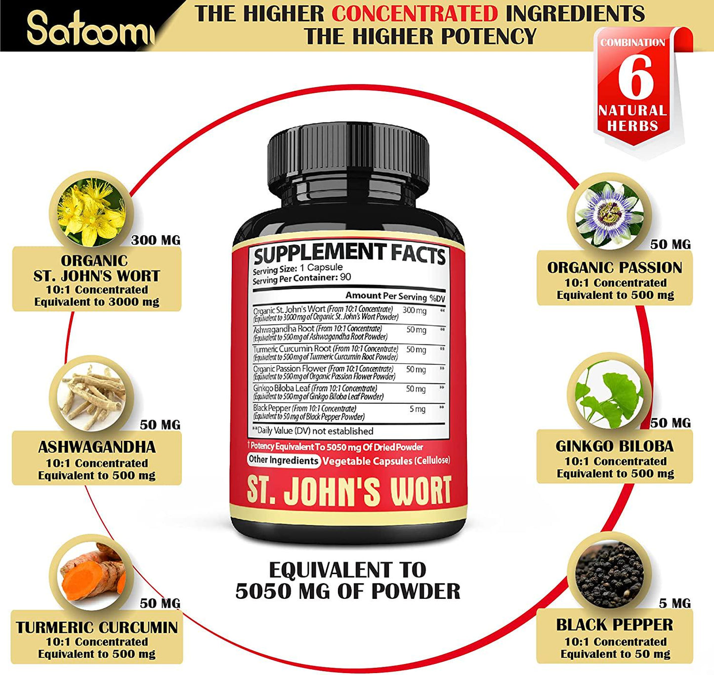 Organic St. John's Wort Extract Capsules - 6 Herbs Equivalent 5050 mg - Emotional Balance, Joyful Mood and Stress Response Support - 1 Pack 90 Veggie Caps 3-Month Supply