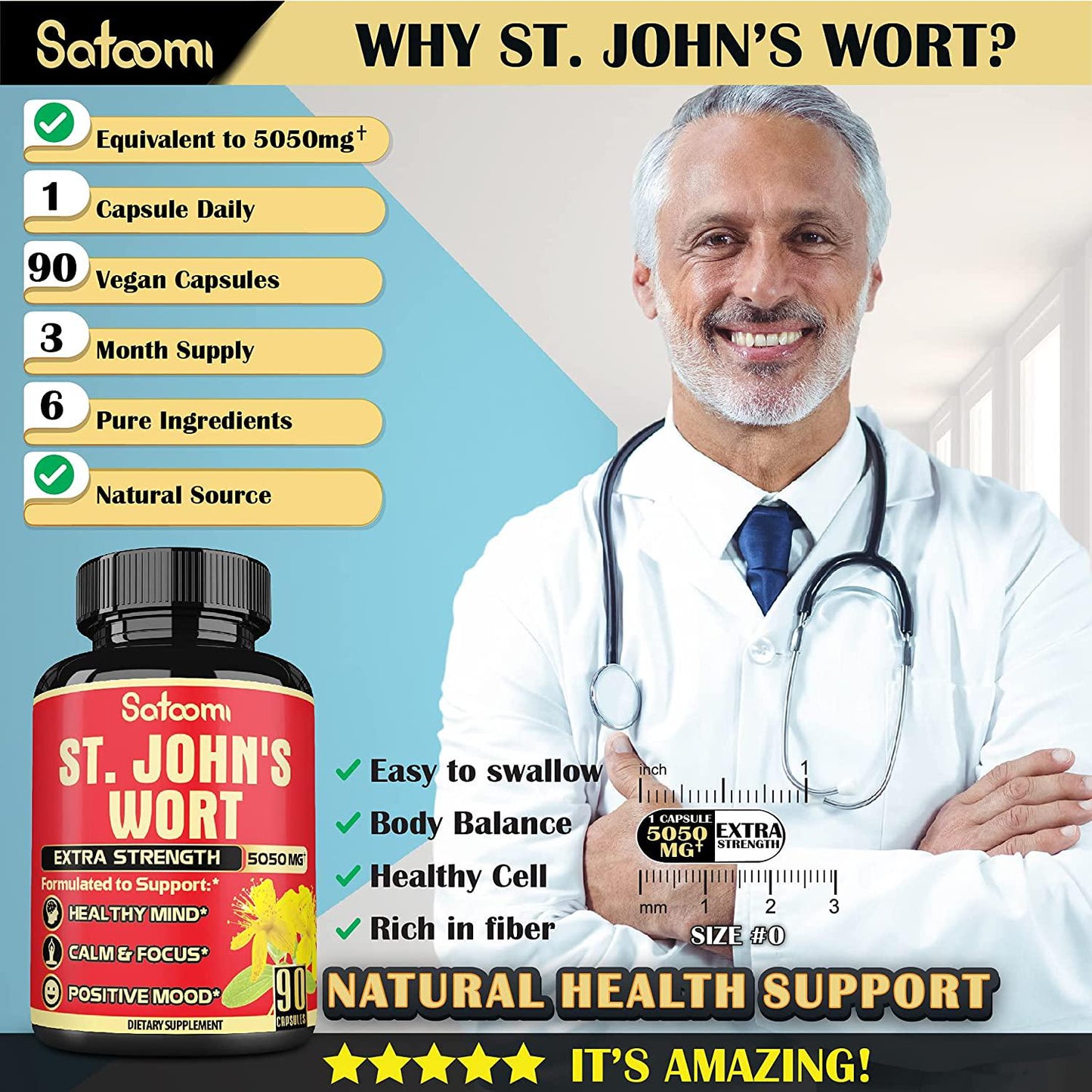 Organic St. John's Wort Extract Capsules - 6 Herbs Equivalent 5050 mg - Emotional Balance, Joyful Mood and Stress Response Support - 1 Pack 90 Veggie Caps 3-Month Supply