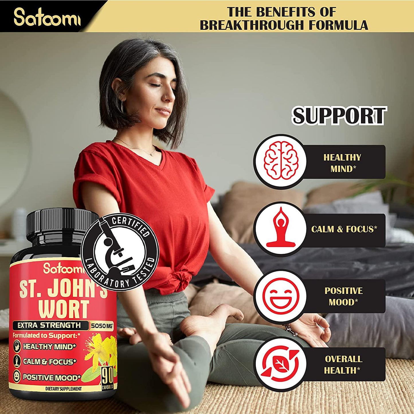 Organic St. John's Wort Extract Capsules - 6 Herbs Equivalent 5050 mg - Emotional Balance, Joyful Mood and Stress Response Support - 1 Pack 90 Veggie Caps 3-Month Supply