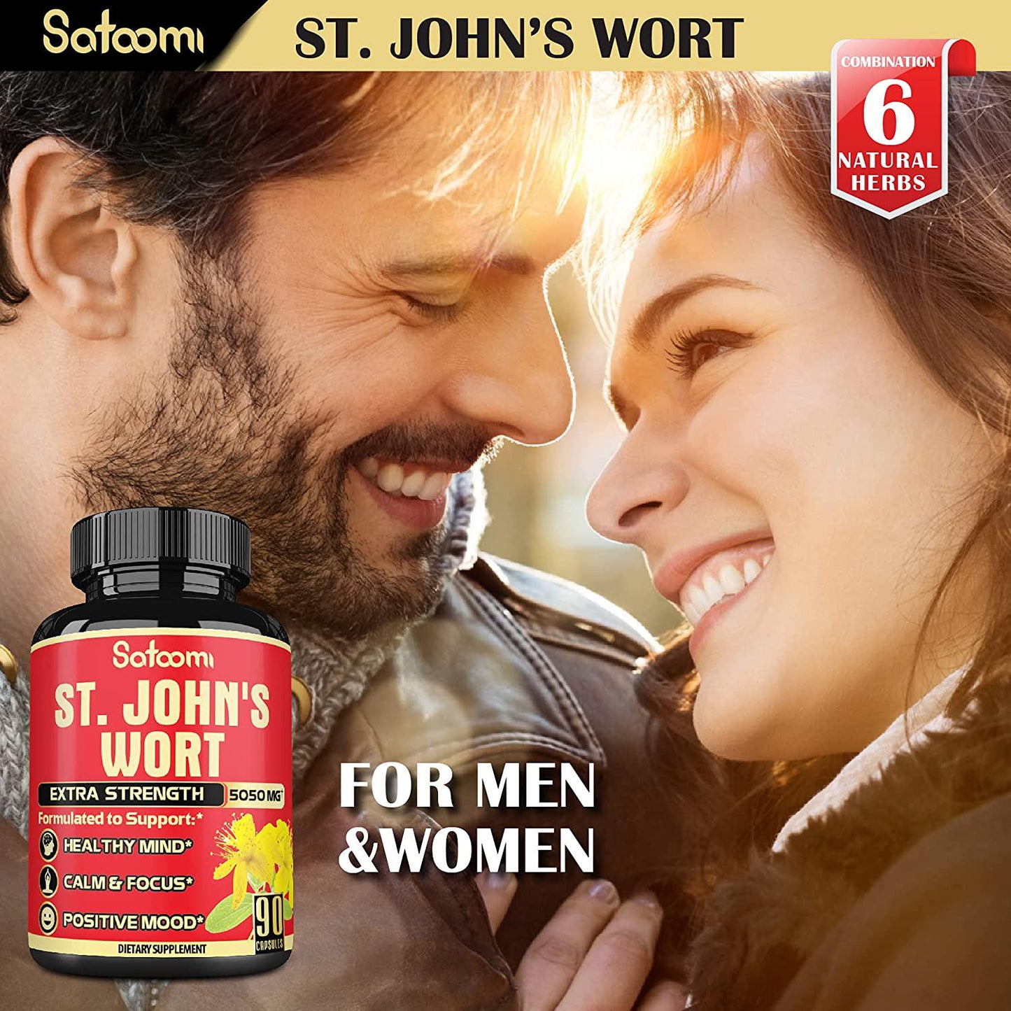 Organic St. John's Wort Extract Capsules - 6 Herbs Equivalent 5050 mg - Emotional Balance, Joyful Mood and Stress Response Support - 1 Pack 90 Veggie Caps 3-Month Supply