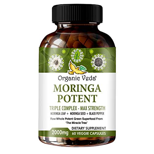 Organic Veda Moringa Potent Capsules Highest Potency Moringa Formula - Nutrient Dense Moringa Capsules Made from Moringa Leaf and Moringa Seed with Black Pepper Extract 60 Veggie, 2000mg