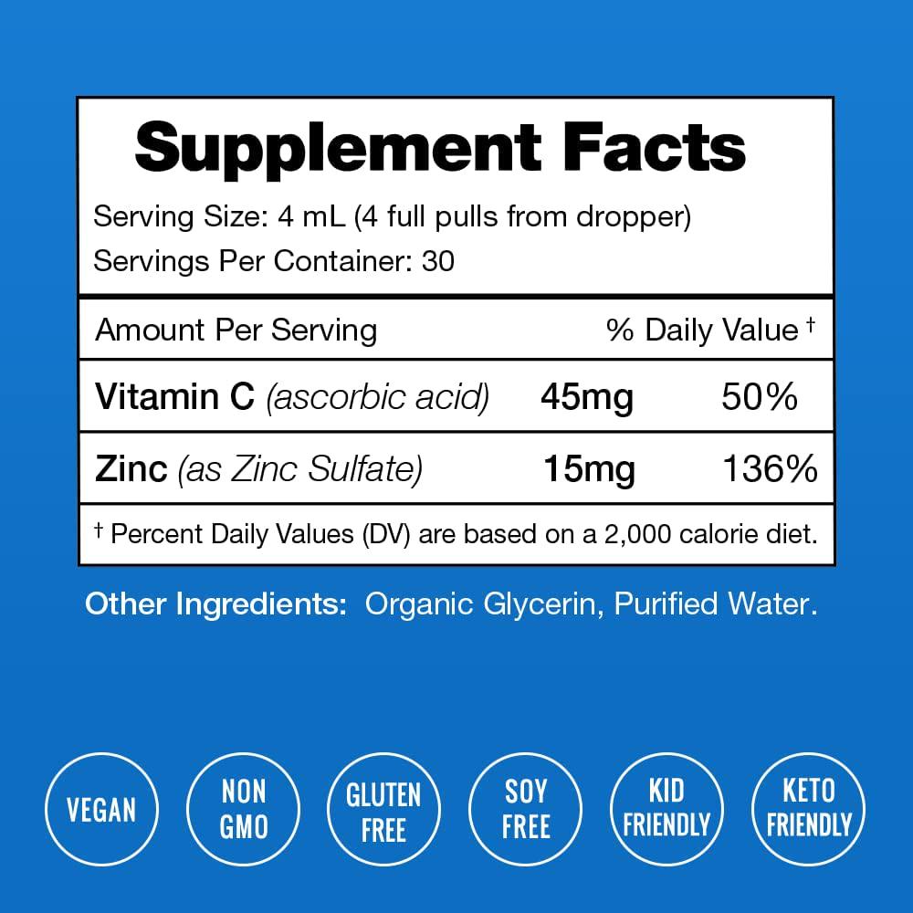 Organic Zinc Sulfate Liquid Supplement - Immune Support System Boost - Pure Ionic Concentrated Mineral Drops for Men, Women and Kids Enhanced with Vitamin C - 4 oz Great Tasting Immunity Booster