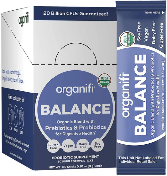 Organifi: Balance - Prebiotic and Probiotic Supplement - 30 Portable Sticks - Organic, Vegan, No Gluten, Dairy, or Soy - for Immune Support, Gut Health, and Improved Nutrient Absorption