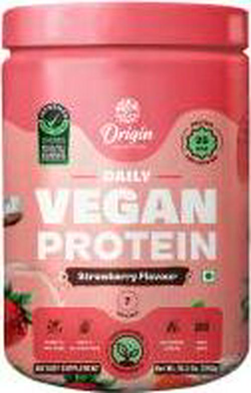 Origin Nutrition 100% Natural Vegan Protein Powder, Strawberry Flavour with 25g Plant Based Protein, Gluten Free, Dairy Free, No Added Sugar, Soy Free, Kosher, Non - GMO, 7 Servings