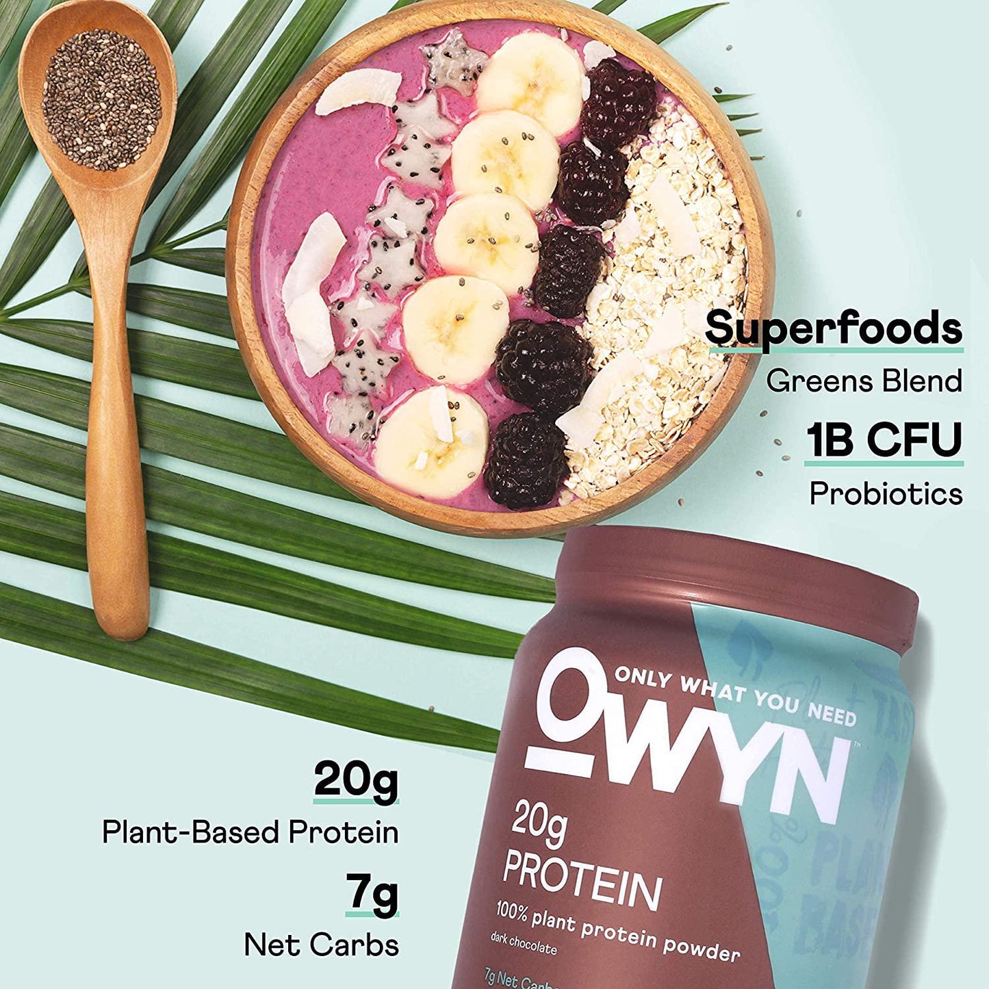 Owyn 100% Vegan Plant-Based Protein Powder, 2 x 1lb Bundle, 20g Protein, Pea, Chia and Pumpkin Seeds Blend, 1 Billion CFU Probiotics, Superfoods Greens, Dairy-Free, Gluten-Free, Soy-Free