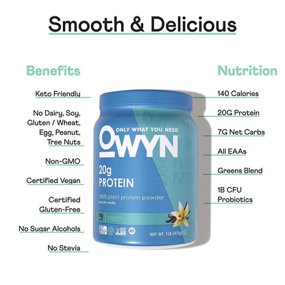 Owyn 100% Vegan Plant-Based Protein Powder, 2 x 1lb Bundle, 20g Protein, Pea, Chia and Pumpkin Seeds Blend, 1 Billion CFU Probiotics, Superfoods Greens, Dairy-Free, Gluten-Free, Soy-Free