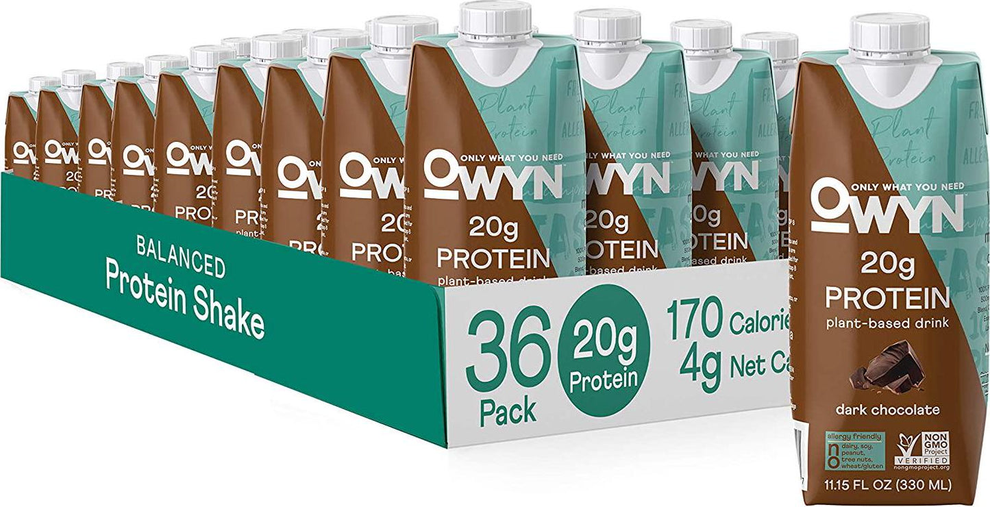 Owyn 100% Vegan Plant-Based Protein Shakes | Dark Chocolate, Pack of 36 | 20g Plant Protein and Omega-3, Superfoods Greens Blend | Gluten-Free, Soy-Free, Allergy-Free, Non-GMO