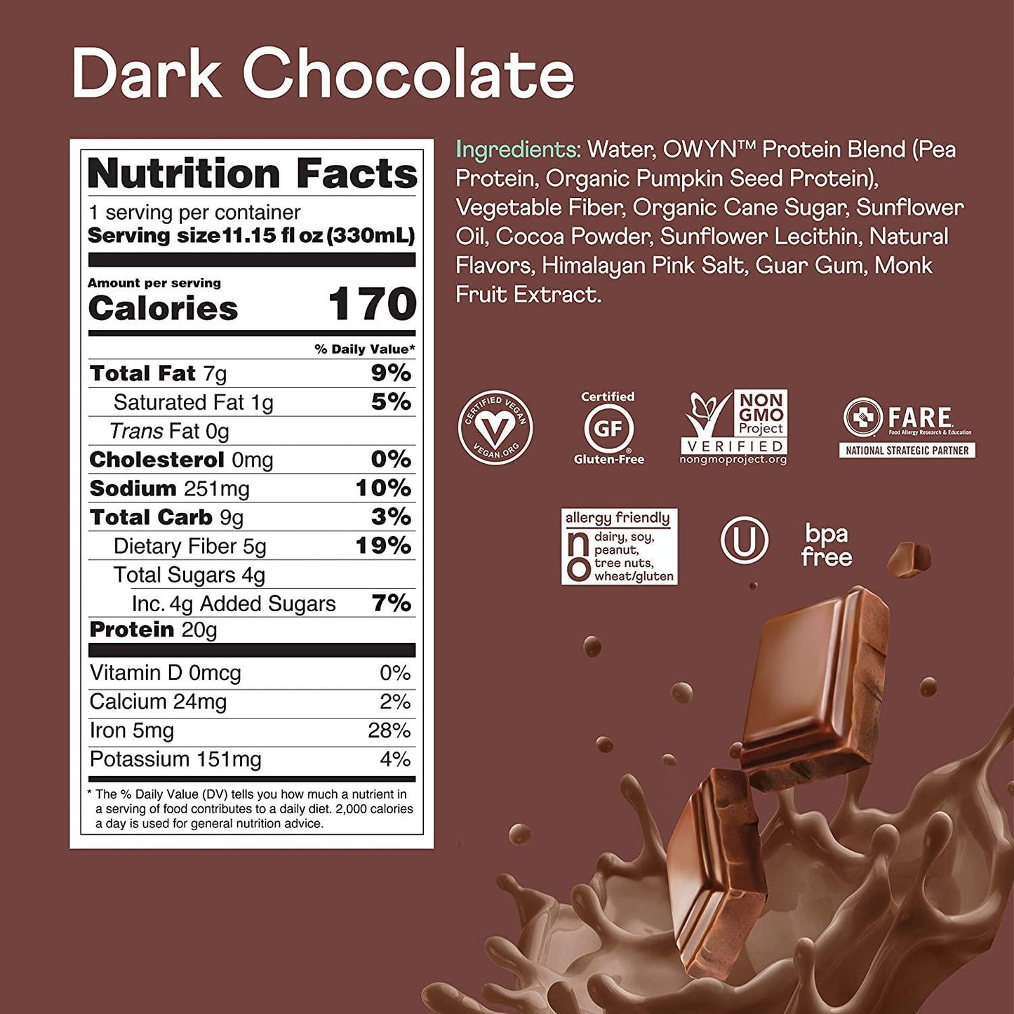 Owyn 100% Vegan Plant-Based Protein Shakes | Dark Chocolate, Pack of 36 | 20g Plant Protein and Omega-3, Superfoods Greens Blend | Gluten-Free, Soy-Free, Allergy-Free, Non-GMO