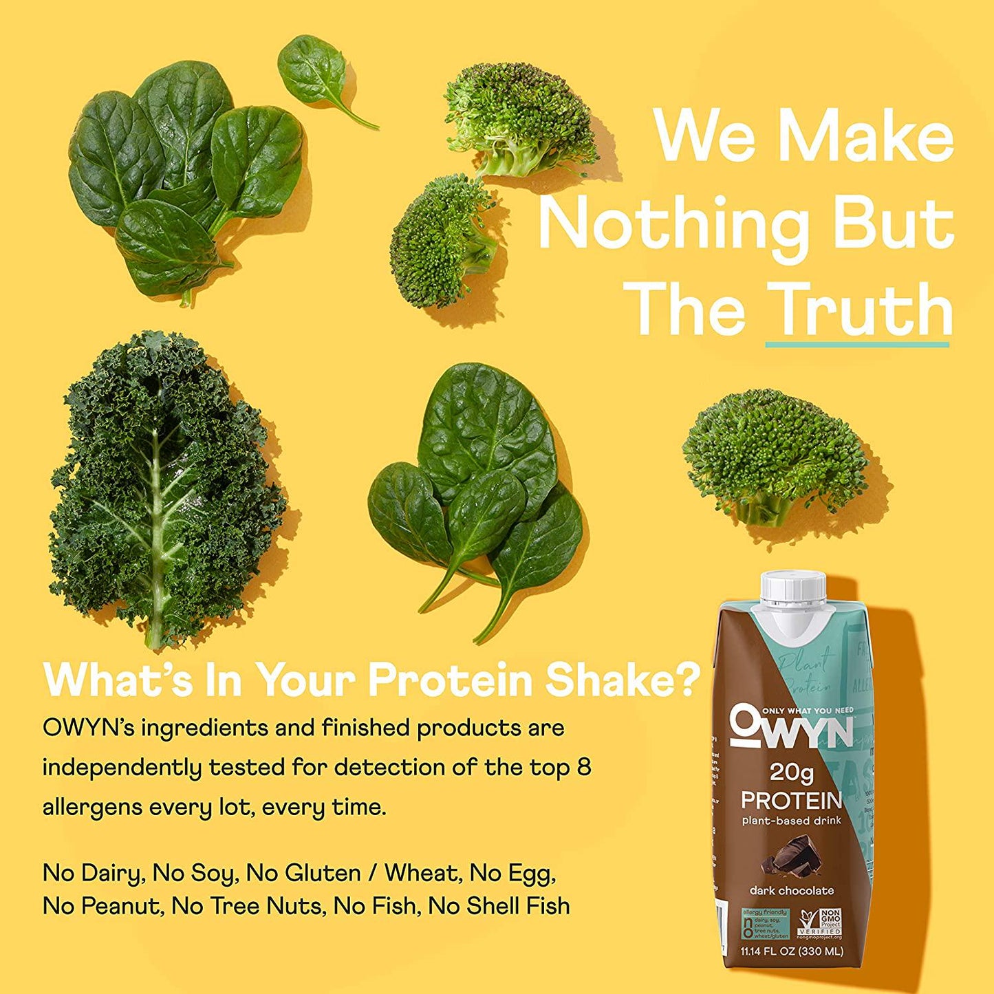 Owyn 100% Vegan Plant-Based Protein Shakes | Dark Chocolate, Pack of 36 | 20g Plant Protein and Omega-3, Superfoods Greens Blend | Gluten-Free, Soy-Free, Allergy-Free, Non-GMO