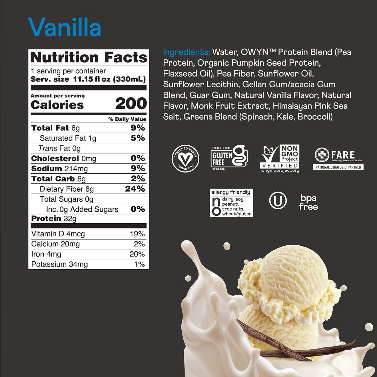 Owyn Pro Elite Vegan Plant-Based High Protein Shake, Vanilla, 24-Pack, 32g Plant Protein, Prebiotics, Superfoods Greens for Workout and Recovery, 0g Net Carbs, Zero Sugar, Keto (24 Pack)