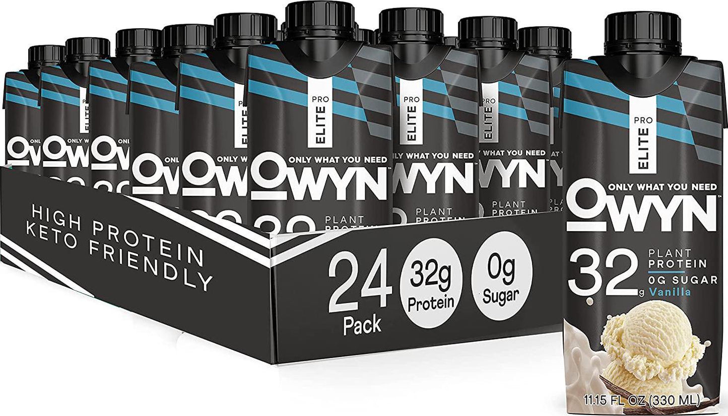 Owyn Pro Elite Vegan Plant-Based High Protein Shake, Vanilla, 24-Pack, 32g Plant Protein, Prebiotics, Superfoods Greens for Workout and Recovery, 0g Net Carbs, Zero Sugar, Keto (24 Pack)