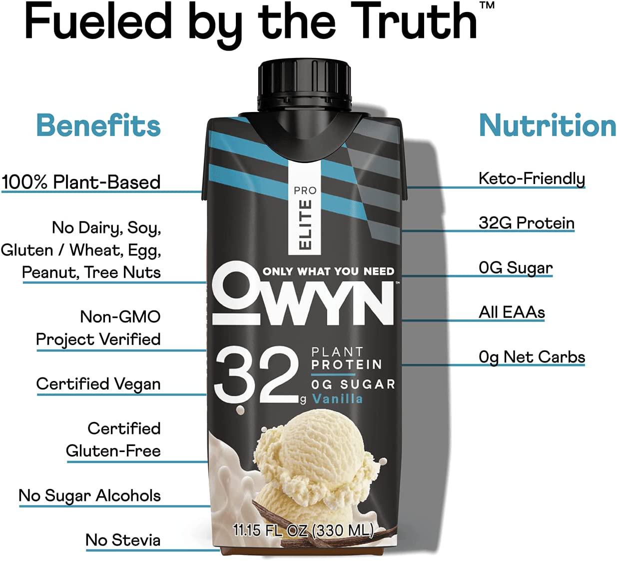 Owyn Pro Elite Vegan Plant-Based High Protein Shake, Vanilla, 24-Pack, 32g Plant Protein, Prebiotics, Superfoods Greens for Workout and Recovery, 0g Net Carbs, Zero Sugar, Keto (24 Pack)