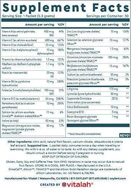 Oxylent 5-in-1 Multivitamin Powder Supplement Drink Mix - Sugar-Free and Effervescent for Easy Absorption of Vitamins, Minerals, Electrolytes, Antioxidants - Mandarin Flavor, 30 Count
