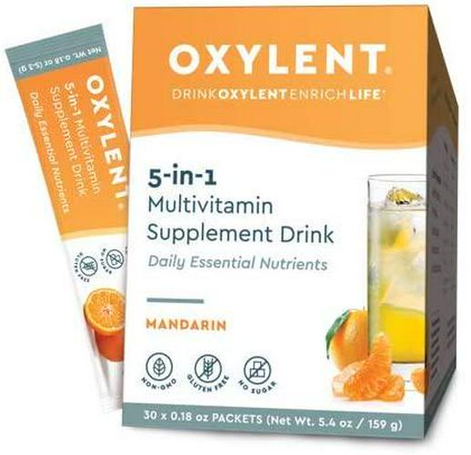 Oxylent 5-in-1 Multivitamin Powder Supplement Drink Mix - Sugar-Free and Effervescent for Easy Absorption of Vitamins, Minerals, Electrolytes, Antioxidants - Mandarin Flavor, 30 Count