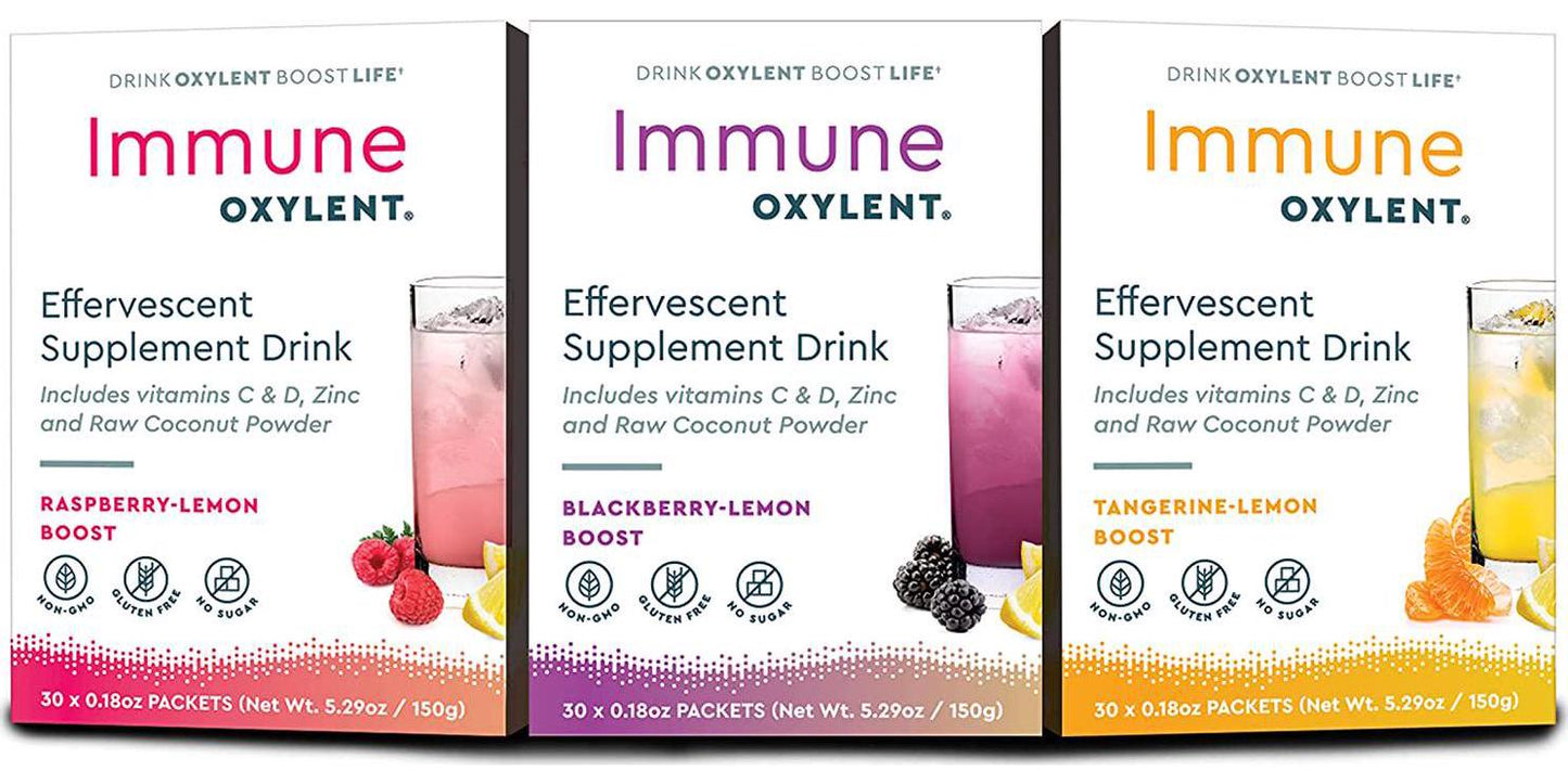Oxylent Immune Effervescent Supplement Drink - Sugar-Free, Easy Absorption of Vitamins, Minerals, Tangerine-Lemon, BlackBerry-Lemon, Raspberry-Lemon 90 Count