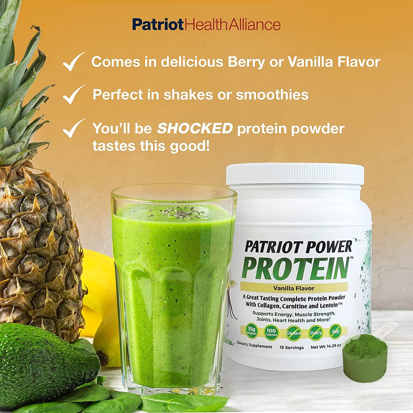 PATRIOT HEALTH ALLIANCE Patriot Power Protein Berry, 10g of Collagen Per Svg - Perfect for Post-Workout - Support Heart, Energy, and Muscle Growth, Recover with Amino Acids - Plant-Based and Keto Friendly