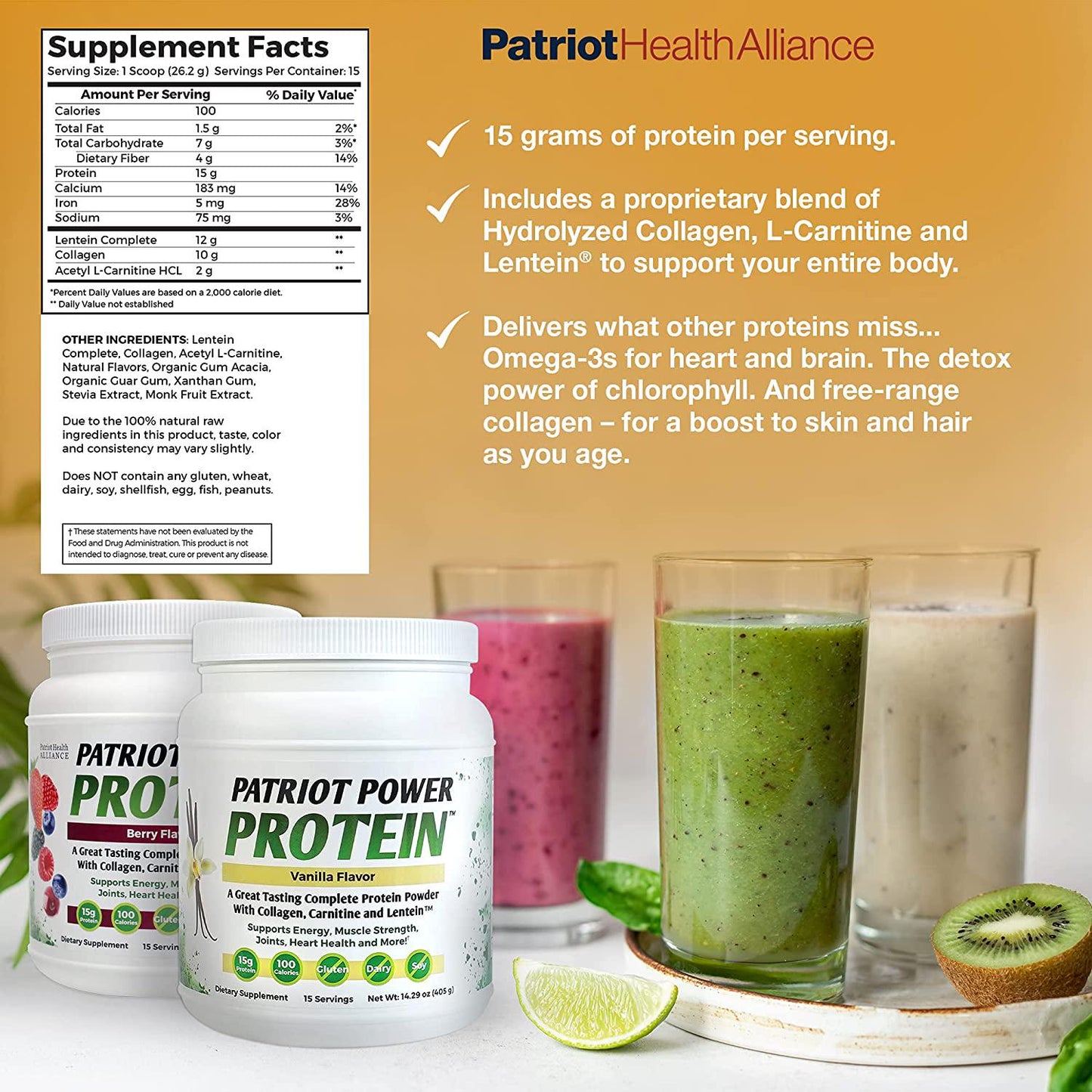 PATRIOT HEALTH ALLIANCE Patriot Power Protein Berry, 10g of Collagen Per Svg - Perfect for Post-Workout - Support Heart, Energy, and Muscle Growth, Recover with Amino Acids - Plant-Based and Keto Friendly