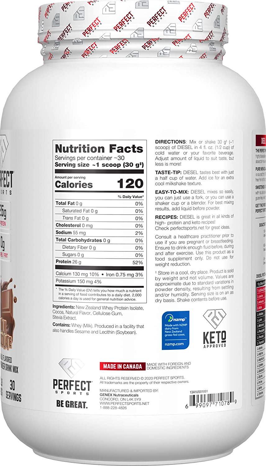 PERFECT Sports, Diesel 100% New Zealand Whey Isolate, Grass-Fed and Pasture Raised 2LB Milk Chocolate
