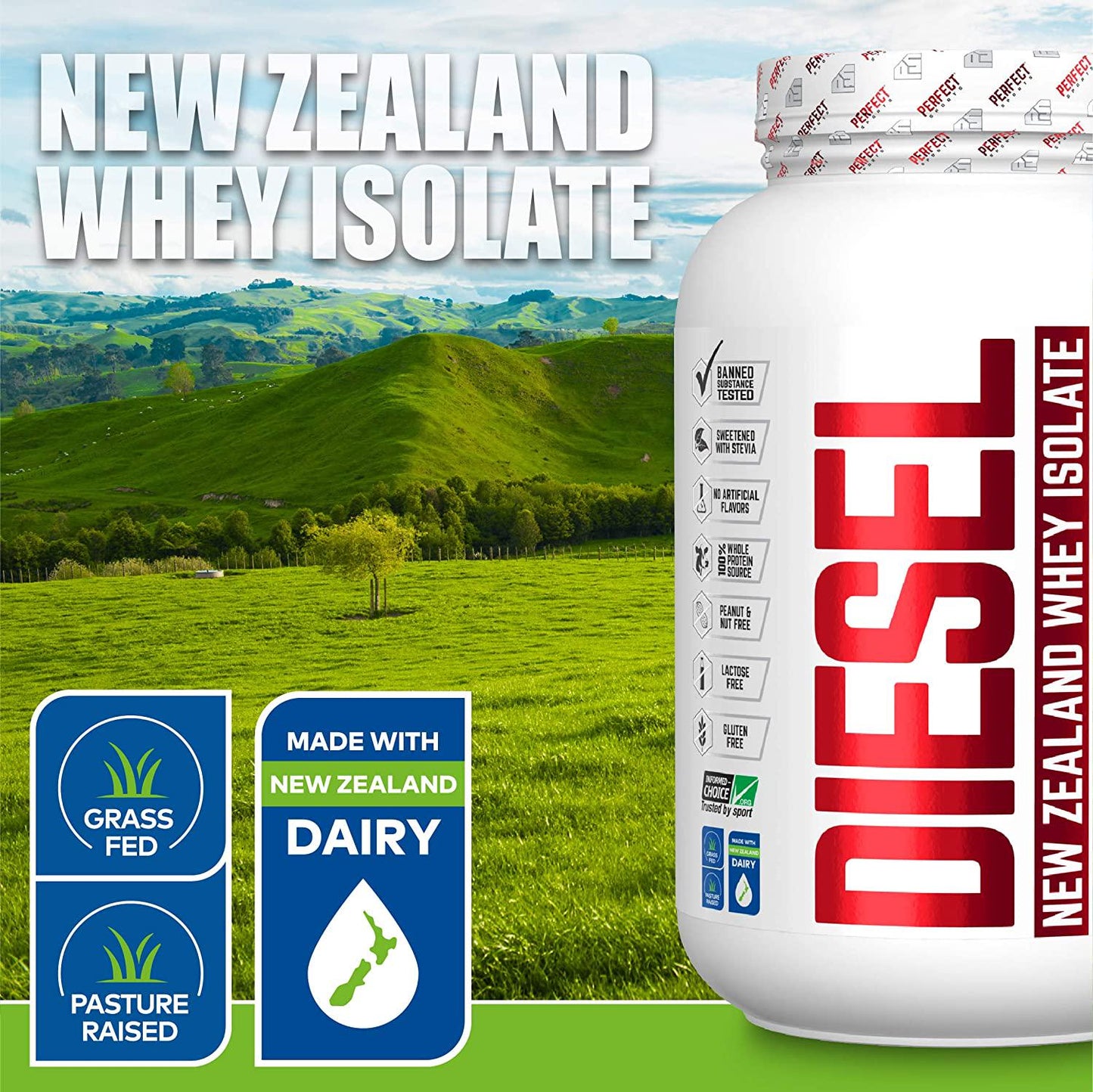 PERFECT Sports, Diesel 100% New Zealand Whey Isolate, Grass-Fed and Pasture Raised 2LB Milk Chocolate