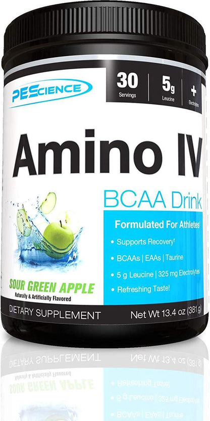 PEScience Amino IV, Green Apple, 60 Scoop, BCAA and EAA Powder with Electrolytes