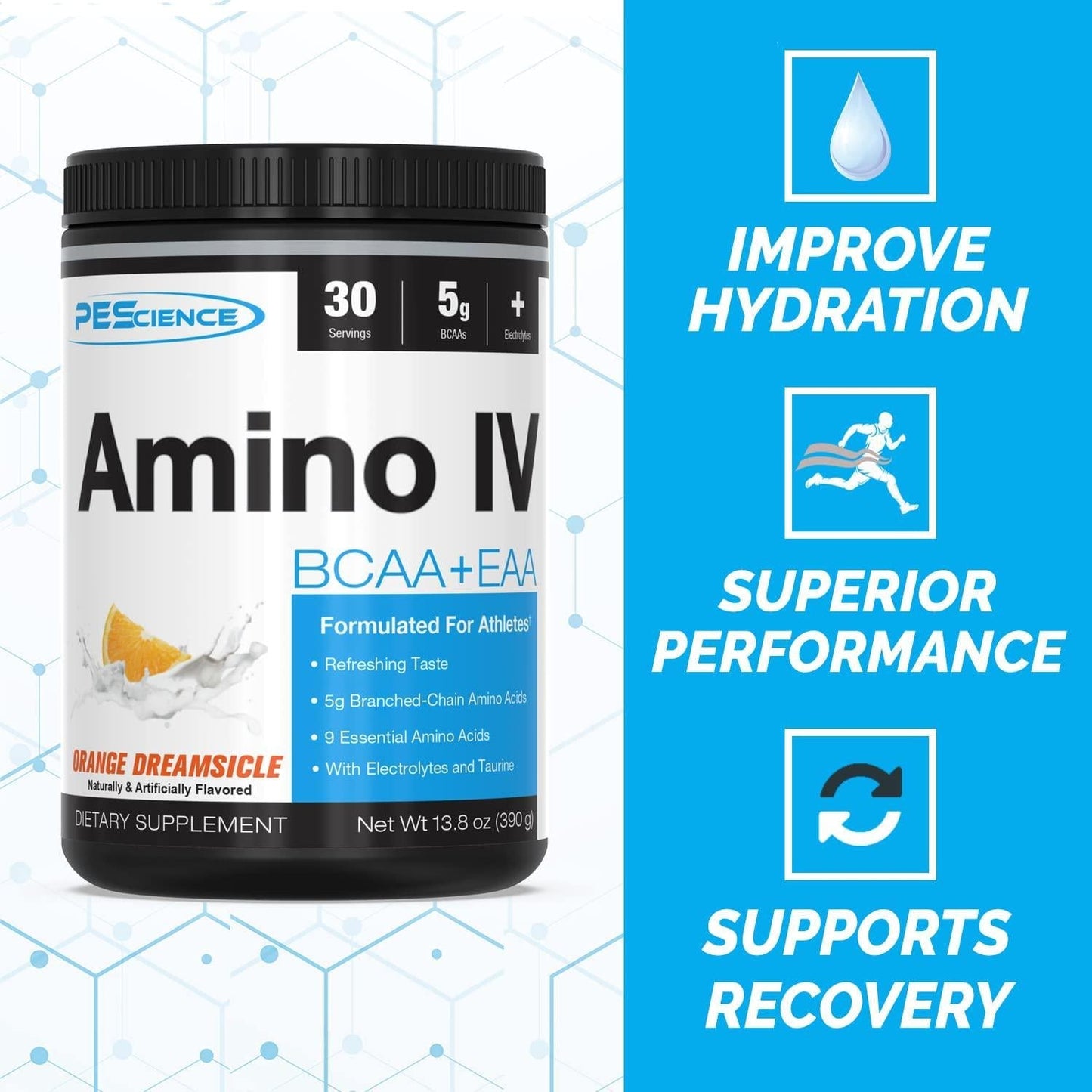 PEScience Amino IV, Orange Dreamsicle, 60 Scoop, BCAA and EAA Powder with Electrolytes