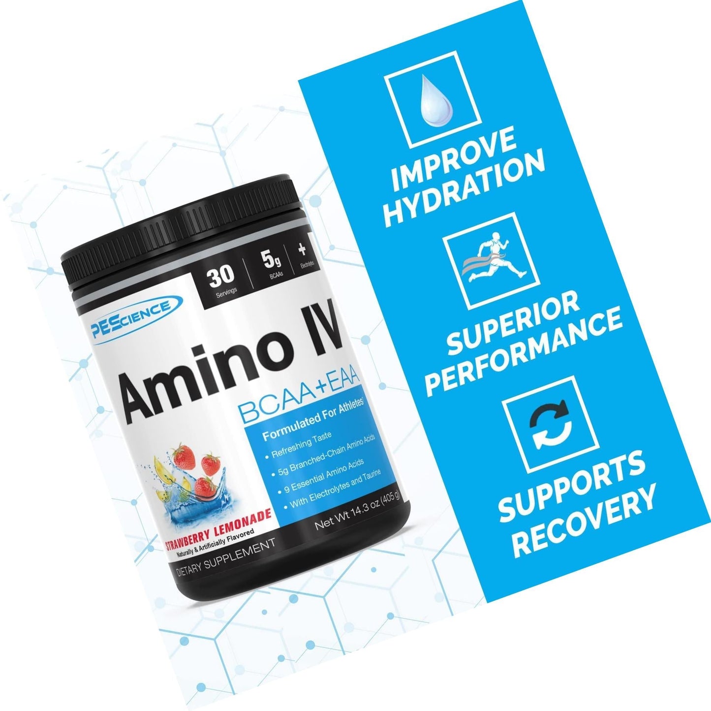 PEScience Amino IV, Strawberry Lemonade, 60 Scoop, BCAA and EAA Powder with Electrolytes