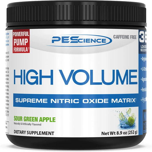 PEScience High Volume Nitric Oxide Booster Pre Workout Powder with L Arginine Nitrate, Green Apple, 36 Scoops, Caffeine Free