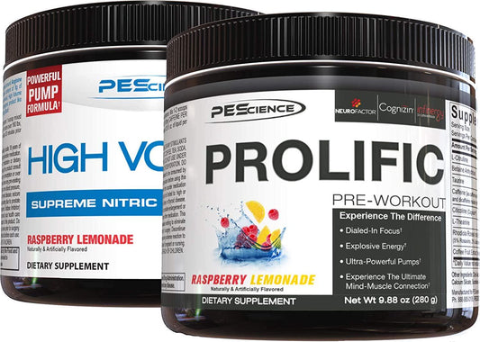 PEScience High Volume + Prolific Pre-Workout Stack, Powerful Nitric Oxide and Energy Supplement Bundle, Raspberry Lemonade