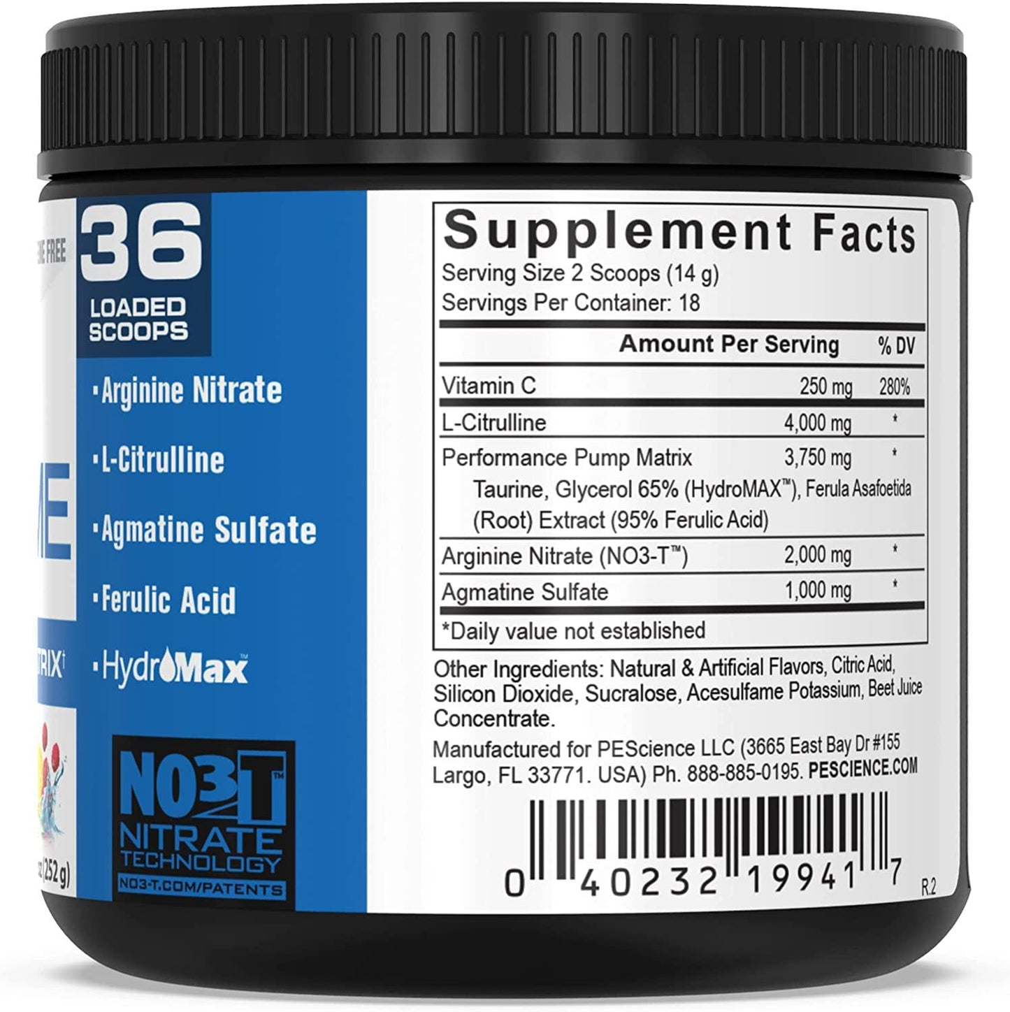 PEScience High Volume Nitric Oxide Booster Pre Workout Powder with L Arginine Nitrate, Raspberry Lemonade, 36 Scoops, Caffeine Free