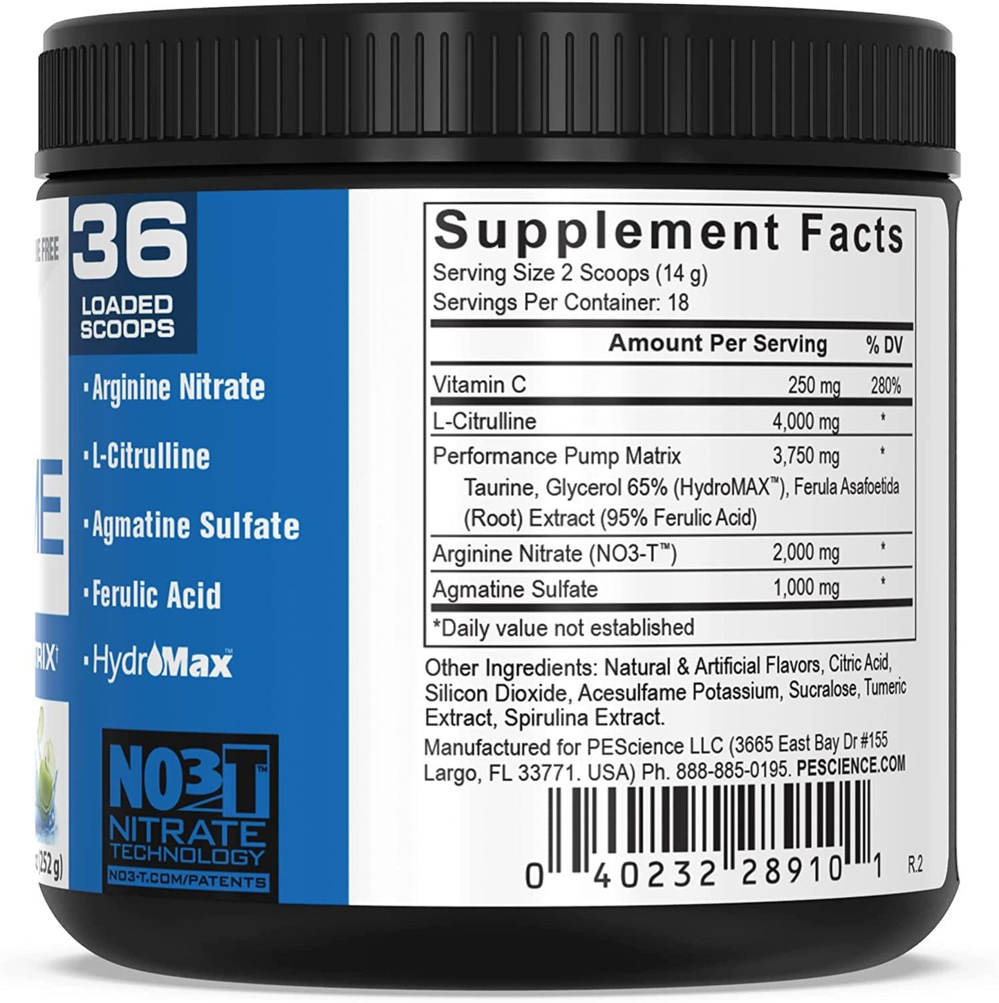 PEScience High Volume Nitric Oxide Booster Pre Workout Powder with L Arginine Nitrate, Green Apple, 36 Scoops, Caffeine Free