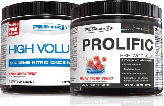 PEScience High Volume + Prolific Pre-Workout Stack, Powerful Nitric Oxide and Energy Supplement Bundle, Melon Berry