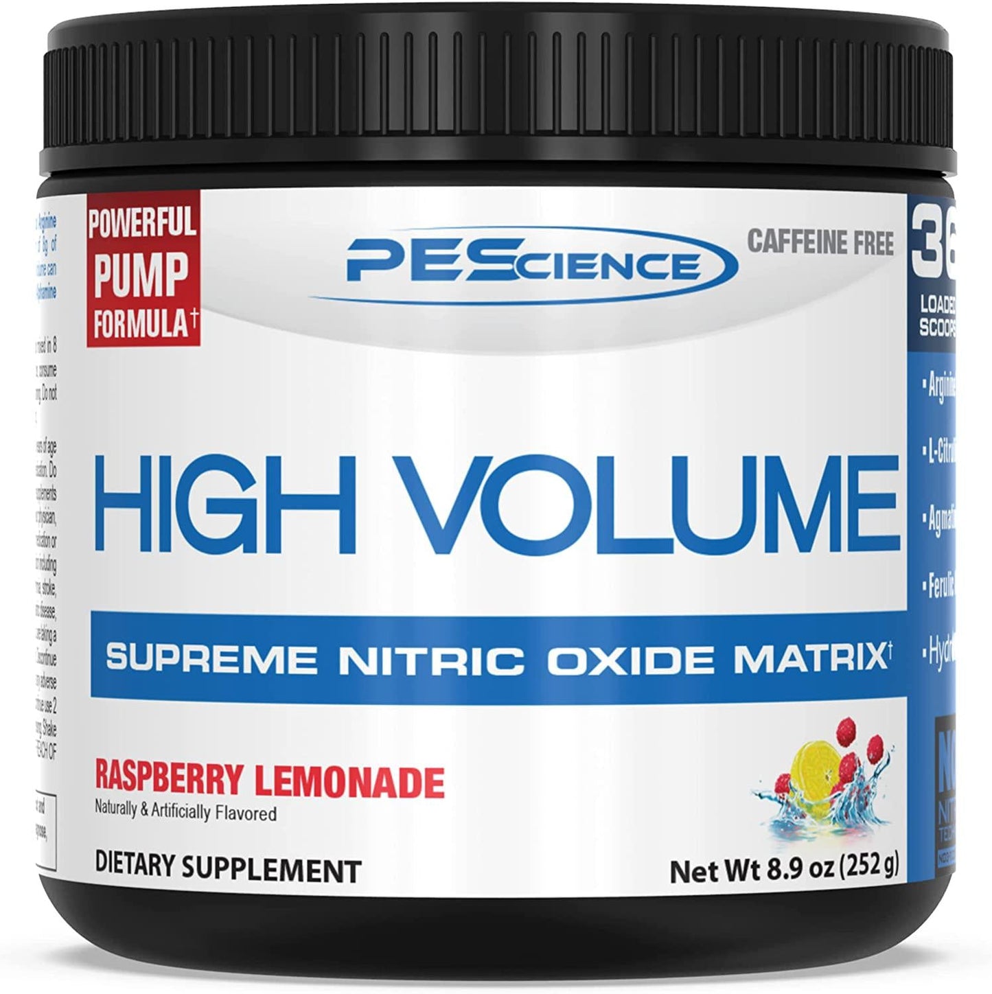 PEScience High Volume Nitric Oxide Booster Pre Workout Powder with L Arginine Nitrate, Raspberry Lemonade, 36 Scoops, Caffeine Free