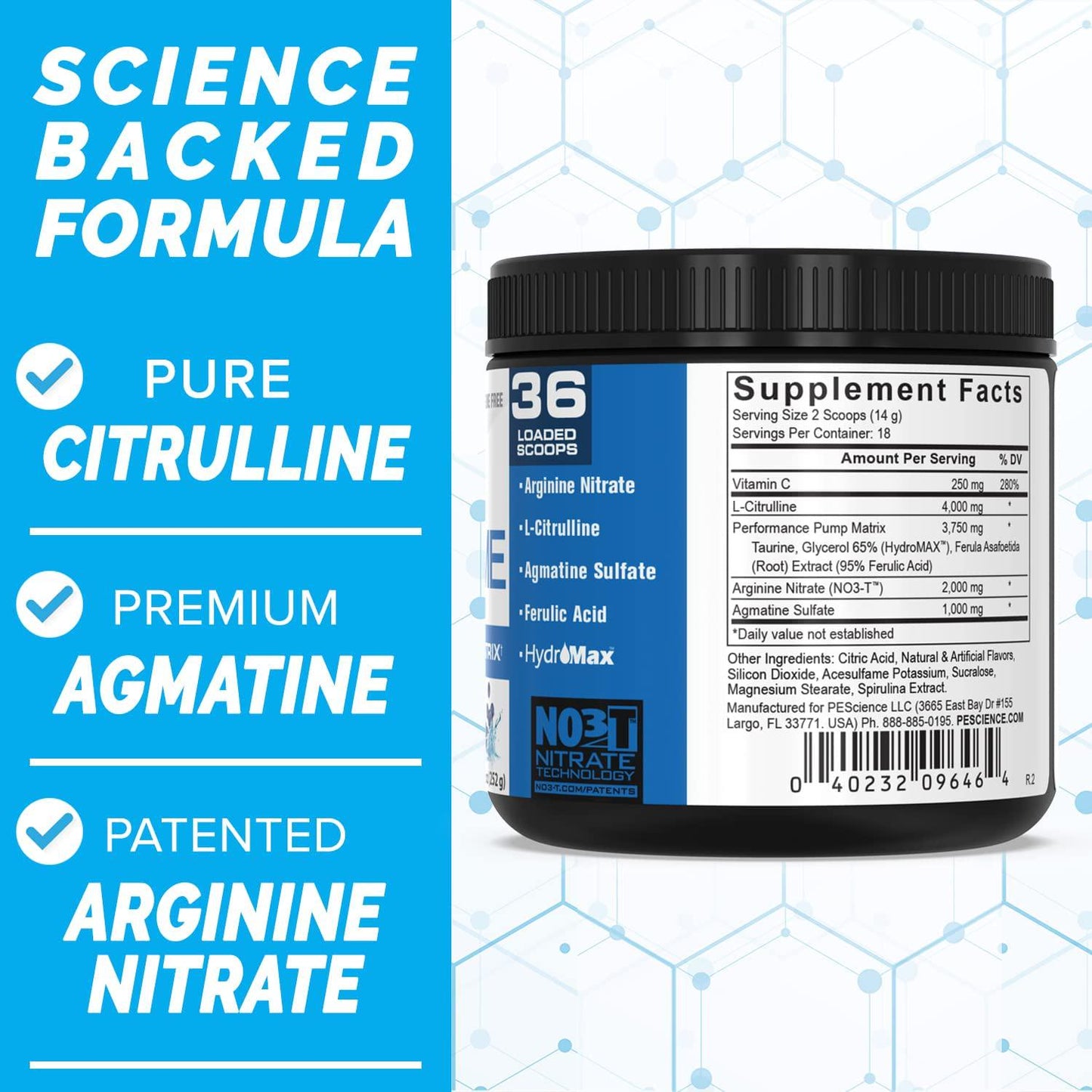 PEScience High Volume Nitric Oxide Booster Pre Workout Powder with L Arginine Nitrate, Raspberry Lemonade, 36 Scoops, Caffeine Free