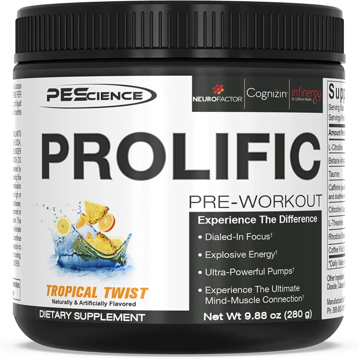 PEScience Prolific Pre Workout, Tropical Twist, 40 Scoops, Energy Supplement with Nitric Oxide