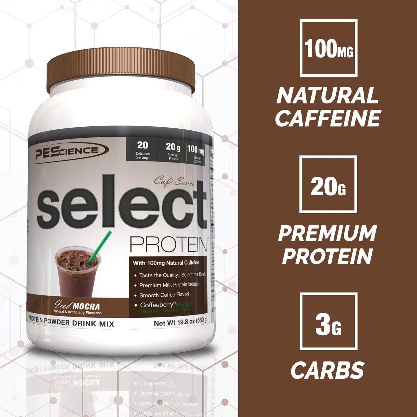PEScience Select Cafe Protein, Caramel Macchiato, 20 Servings, Coffee Flavored Whey and Casein Blend