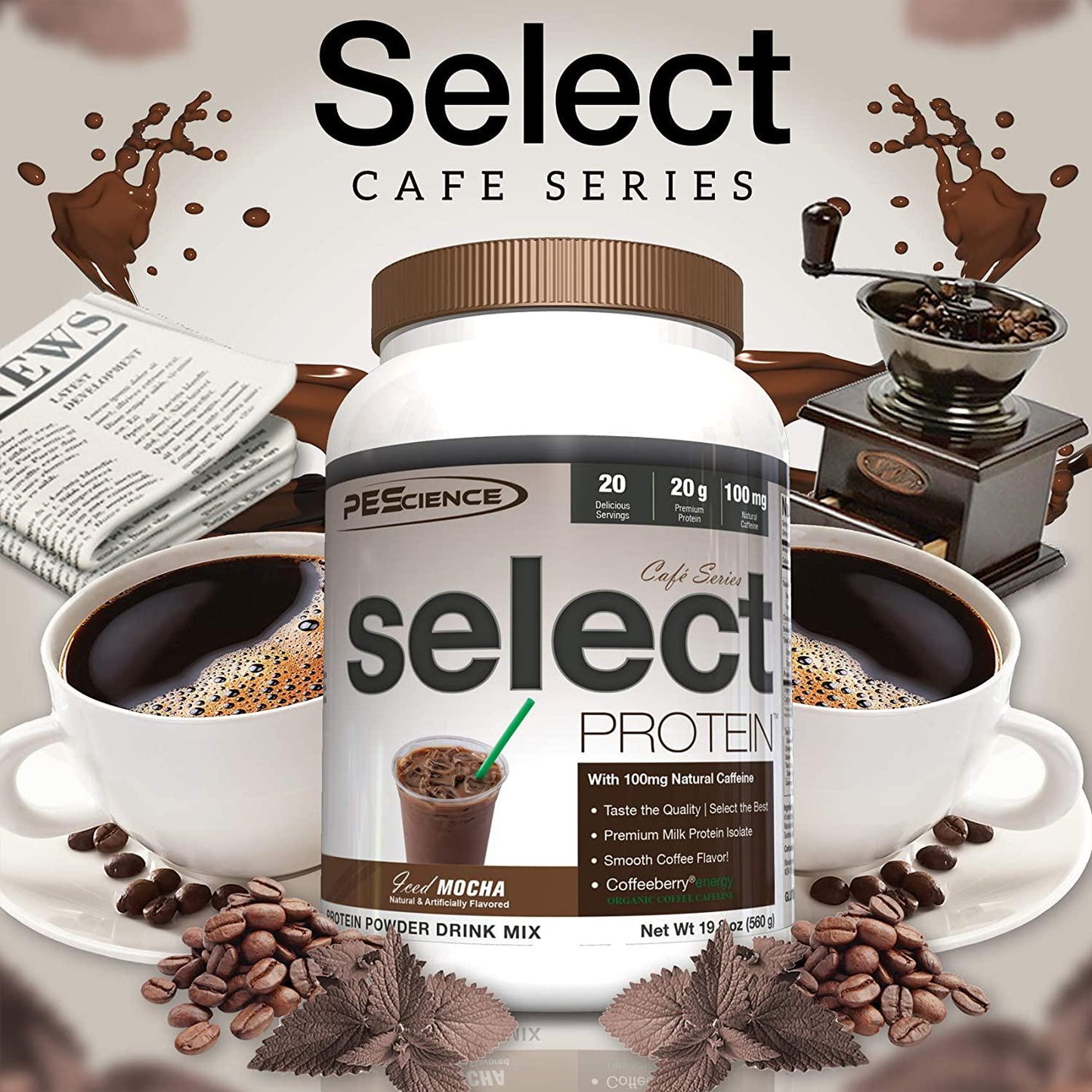 PEScience Select Cafe Protein, Caramel Macchiato, 20 Servings, Coffee Flavored Whey and Casein Blend